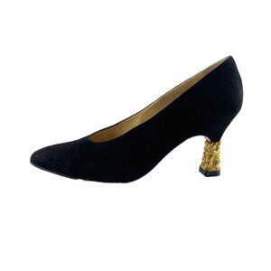 Di Sandro Black Suede Pumps Heel Womems 8.5 B Gold Nugget Chunky Heel Mafia Wife